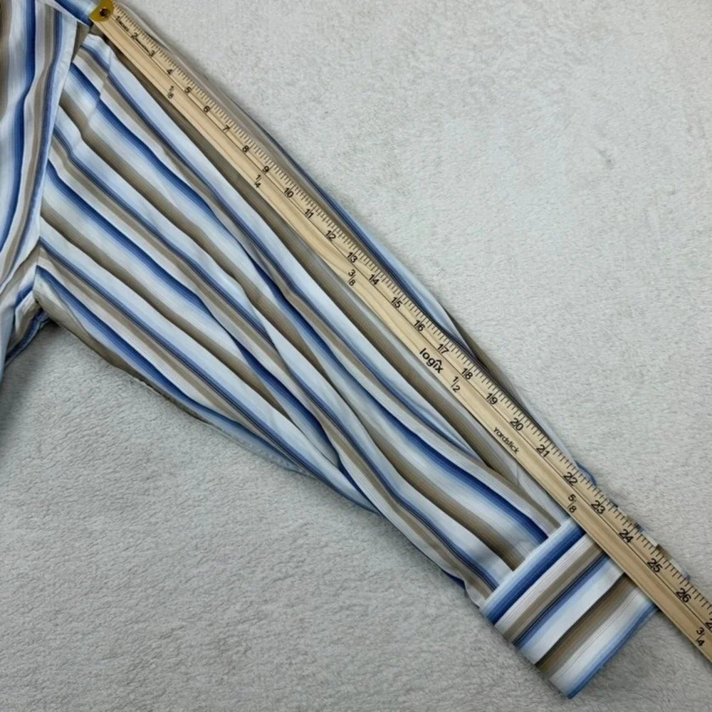 Faconnable Mens XXL‎ Blue/Tan/White Striped Long Sleeve Button Down Cotton Shirt